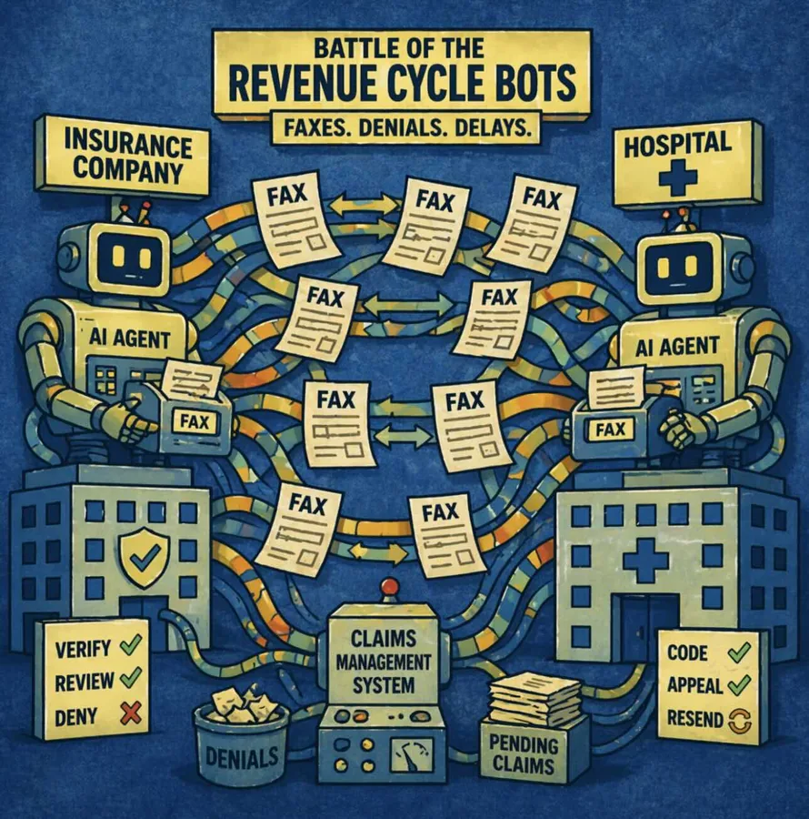 Two industrial robots labeled ‘AI Agent’ — one beneath an Insurance Company sign, one beneath a Hospital — endlessly exchanging fax pages across a tangle of wires; below them sit a Claims Management System, a Denials bin, and a Pending Claims box.